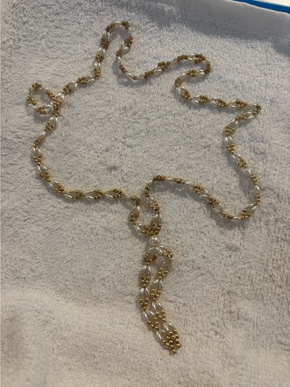 White faux pearls and gold tone beads with drop tassel necklace 30